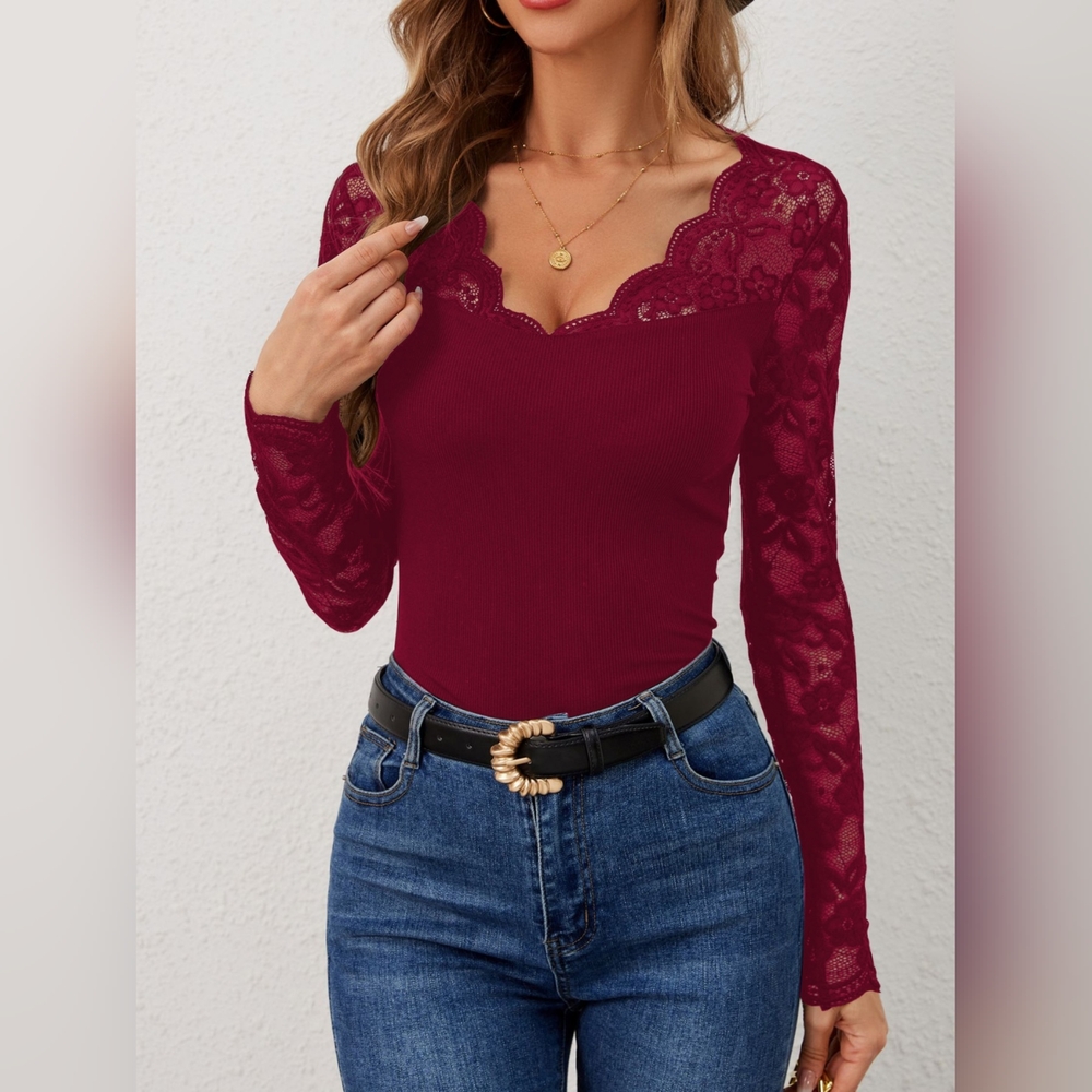 Lace Wavy Hem V-Neck Long Sleeve Burgundy Top - Picture 5 of 10
